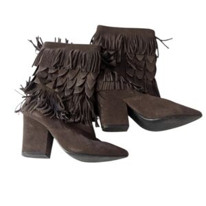 Dolce By Mojo Moxy Chocolate Suede Fringe Heeled Boots Boho Chic 8.5